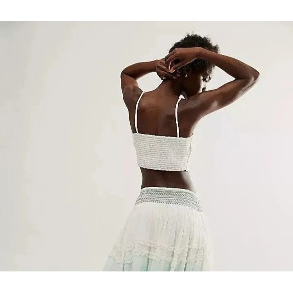 Free People Drift Away Blouse Tube Top Floral Crochet Smocked White S 279430